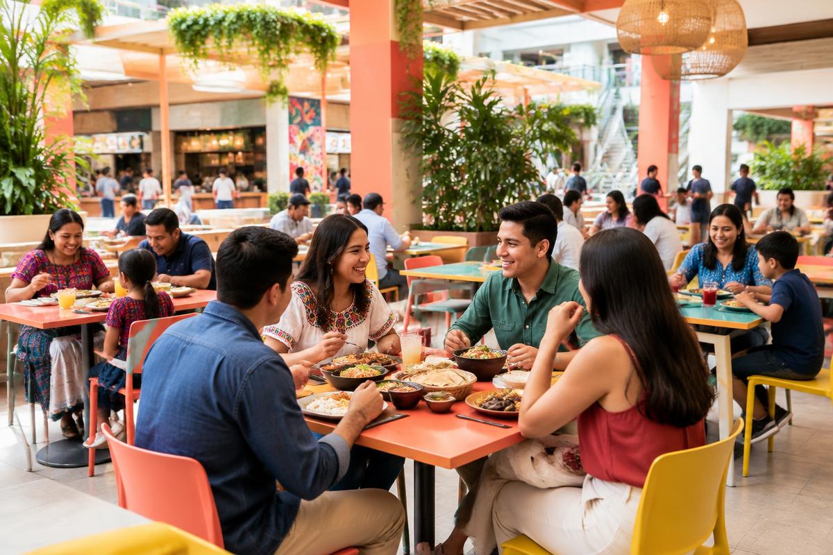 Familias compartiendo en el área de comidas